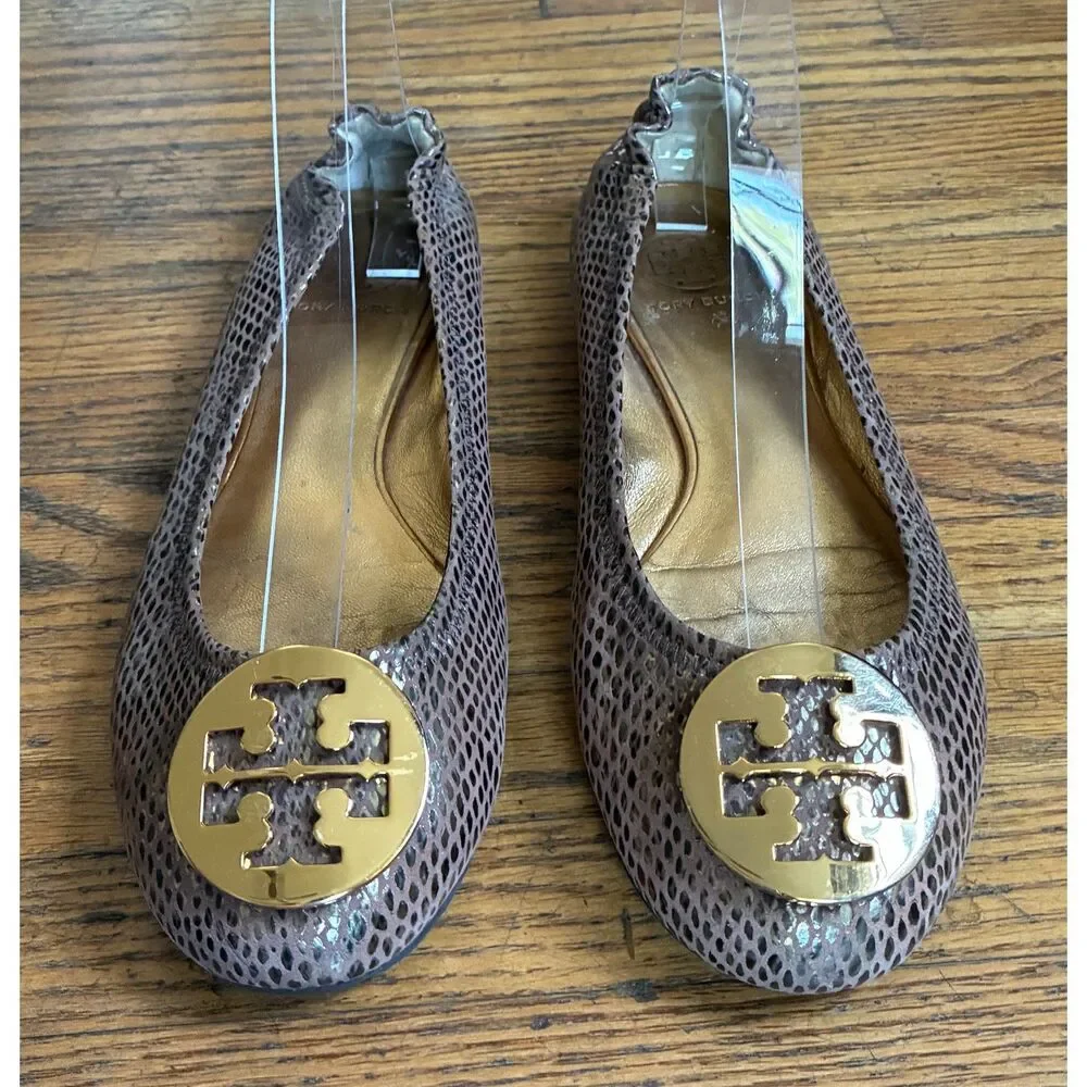Tory Burch Reva Snake Tan Gray Gold Logo Leather Ballet Flats Shoes   Women's 7